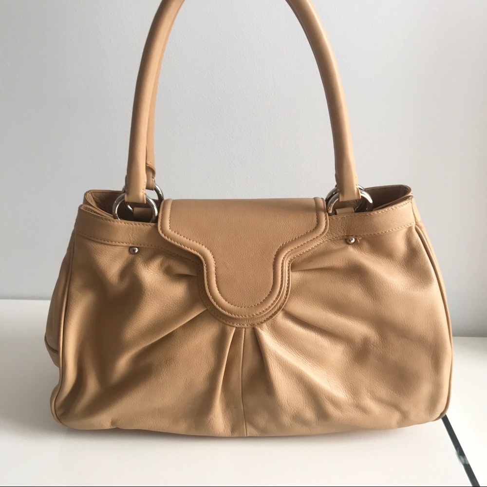 Soprano Yvette Pleated Rushed 100% Leather Spring Summer Satchel Bag Beige